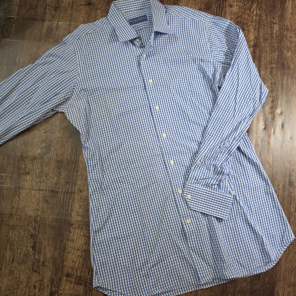 TOM JAMES Executive Collection Dress Shirt Mens Blue White Gingham Custom Made